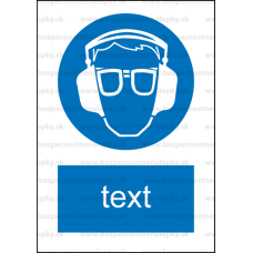 M020 - Príkaz na ochranu zraku a sluchu - Zvislá nálepka s doplnkovým textom
