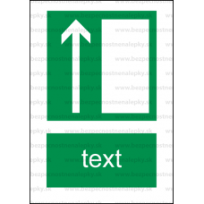 E005 - Úniková cesta, únikový východ (šipka hore) - Zvislá záchranná nálepka s doplnkovým textom